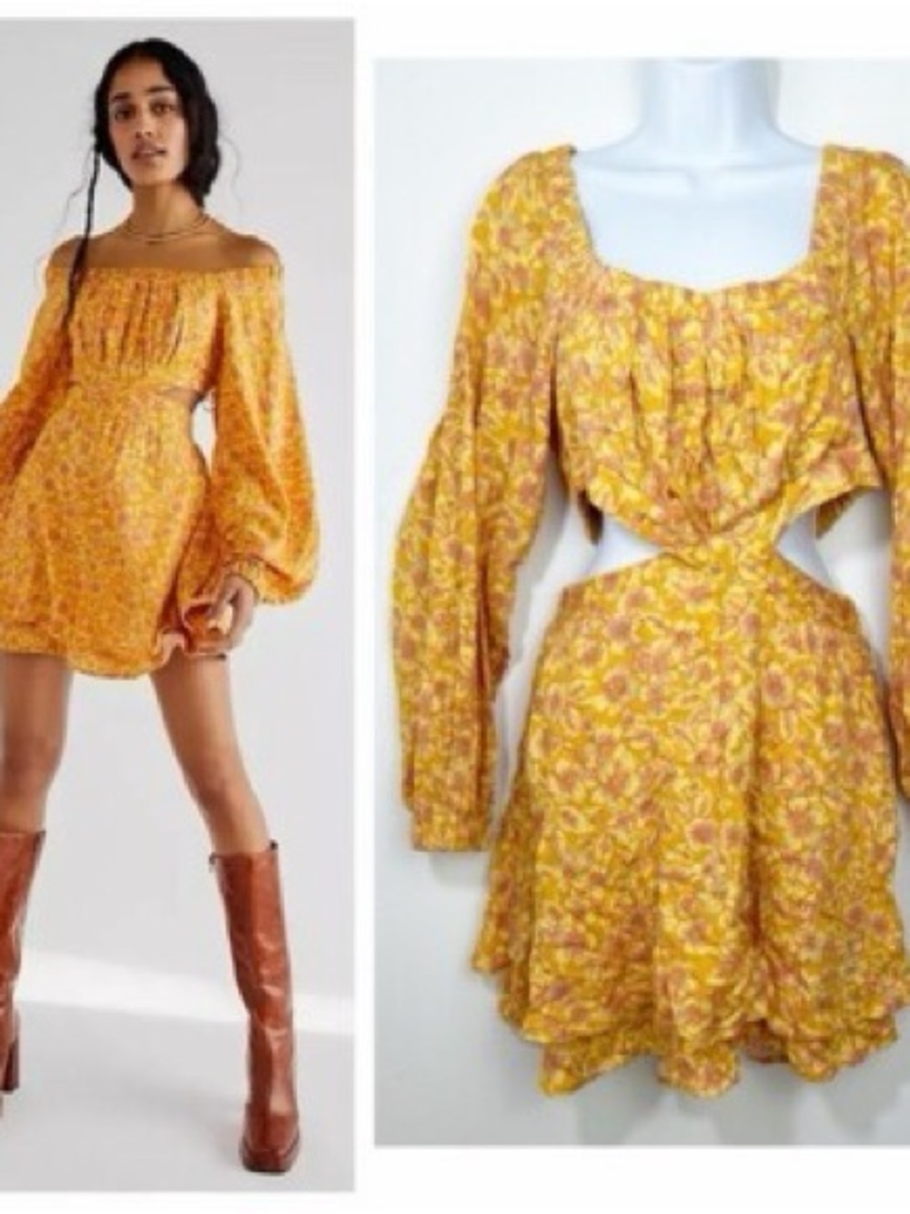 Free People Orange Floral Off-Shoulder Cutout Mini Dress with Balloon Sleeves